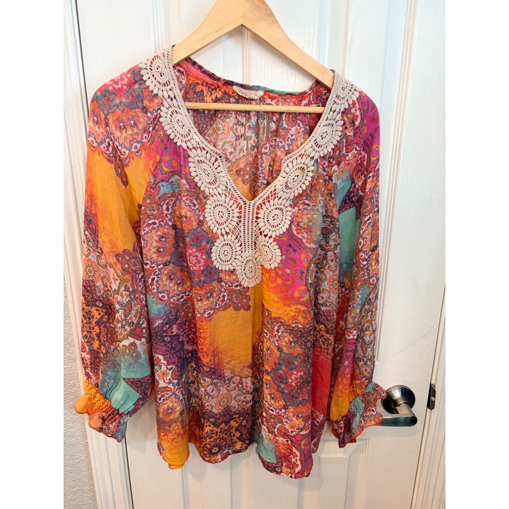 Flint & Moss Blouse Multi Color Paisley Crochet Lace V-Neck Boho Peasant Top XL
